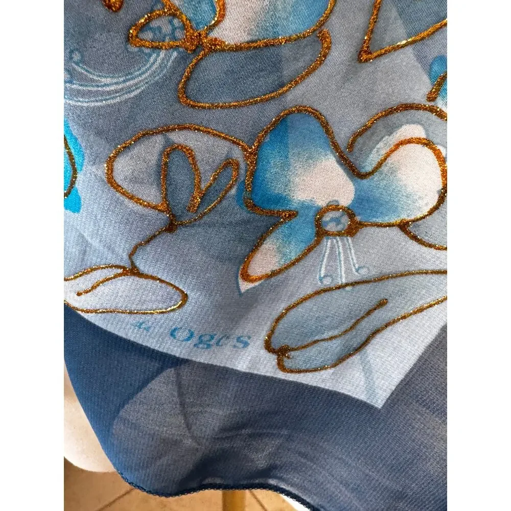 De’Ogos Women's Blue Elegant Floral Accent Neck Sheer Scarf Size 38X38